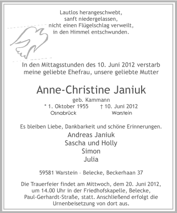 Todesanzeige von Anne-Christine Janiuk von WESTFÄLISCHER ANZEIGER