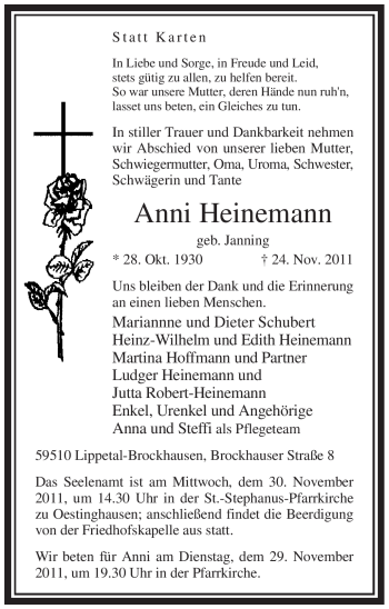 Todesanzeige von Anni Heinemann von WESTFÄLISCHER ANZEIGER