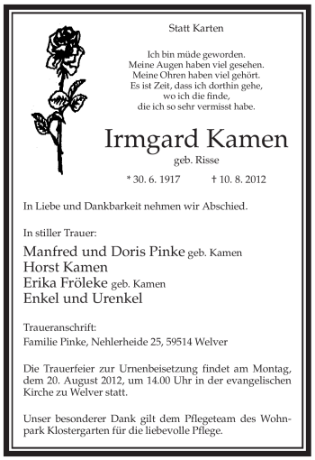 Todesanzeige von Irmgard Kamen von WESTFÄLISCHER ANZEIGER