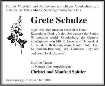 Todesanzeige von Grete Schulze von WESTFÄLISCHER ANZEIGER