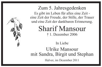 Todesanzeige von Sharif Mansour von WESTFÄLISCHER ANZEIGER