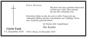 Todesanzeige von Gisela Funk von WESTFÄLISCHER ANZEIGER