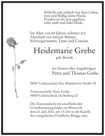 Todesanzeige von Heidemarie Grebe von WESTFÄLISCHER ANZEIGER