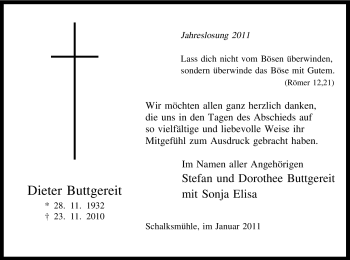 Todesanzeige von Dieter Buttgereit von WESTFÄLISCHER ANZEIGER