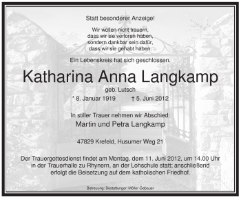 Todesanzeige von Katharina Anna Langkamp von WESTFÄLISCHER ANZEIGER