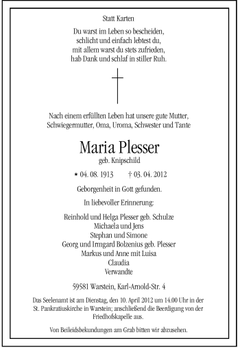 Todesanzeige von Maria Plesser von WESTFÄLISCHER ANZEIGER