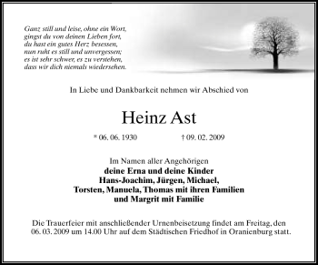 Todesanzeige von Heinz Ast von WESTFÄLISCHER ANZEIGER