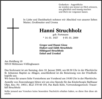 Todesanzeige von Hanni Struchholz von WESTFÄLISCHER ANZEIGER