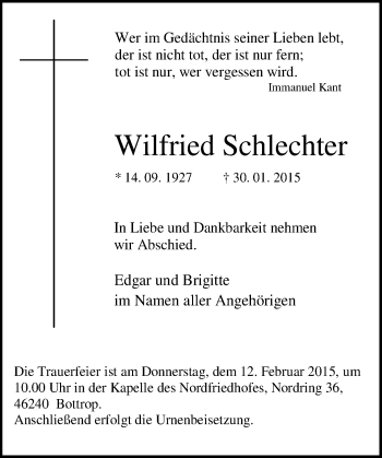 Todesanzeige von Wilfried Schlechter von MZV
