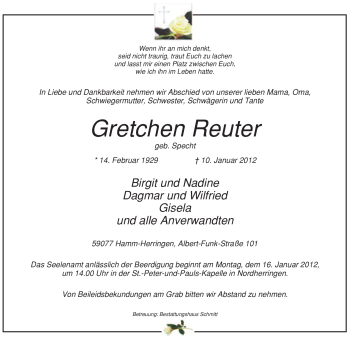 Todesanzeige von Gretchen Reuter von WESTFÄLISCHER ANZEIGER