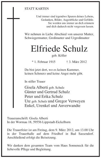 Todesanzeige von Elfriede Schulz von WESTFÄLISCHER ANZEIGER