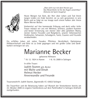 Todesanzeige von Marianne Becker von WESTFÄLISCHER ANZEIGER