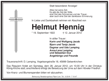 Todesanzeige von Helmut Hennig von WESTFÄLISCHER ANZEIGER