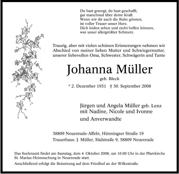 Todesanzeige von Johanna Müller von WESTFÄLISCHER ANZEIGER