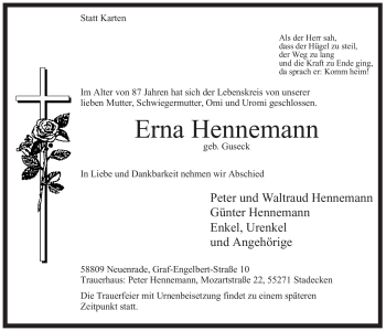 Todesanzeige von Erna Hennemann von WESTFÄLISCHER ANZEIGER