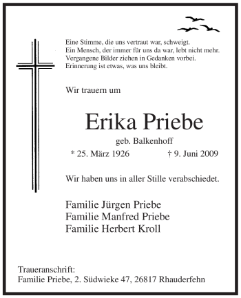 Todesanzeige von Erika Priebe von WESTFÄLISCHER ANZEIGER