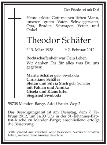 Todesanzeige von Theodor Schäfer von WESTFÄLISCHER ANZEIGER