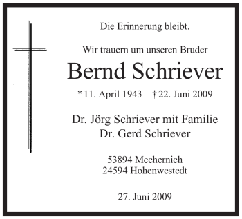 Todesanzeige von Bernd Schriever von WESTFÄLISCHER ANZEIGER