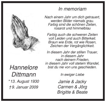 Todesanzeige von Hannelore Dittmann von WESTFÄLISCHER ANZEIGER