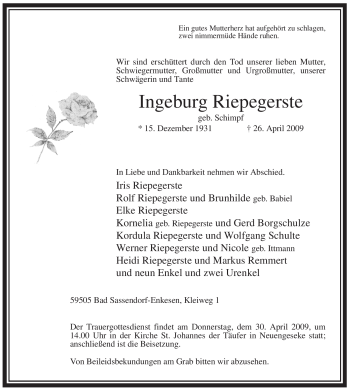 Todesanzeige von Ingeburg Riepegerste von WESTFÄLISCHER ANZEIGER