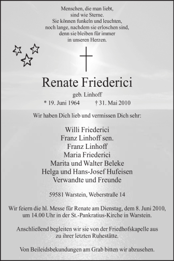 Todesanzeige von Renate Friederici von WESTFÄLISCHER ANZEIGER