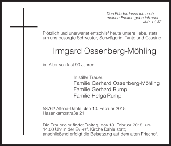 Todesanzeige von Irmgard Ossenberg-Möhling von MZV