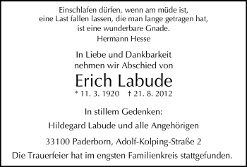 Todesanzeige von Erich Labude von WESTFÄLISCHER ANZEIGER