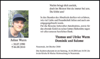Todesanzeige von Julian Wurm von WESTFÄLISCHER ANZEIGER