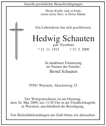 Todesanzeige von Hedwig Schauten von WESTFÄLISCHER ANZEIGER