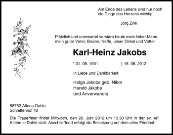 Todesanzeige von Karl-Heinz Jakobs von WESTFÄLISCHER ANZEIGER