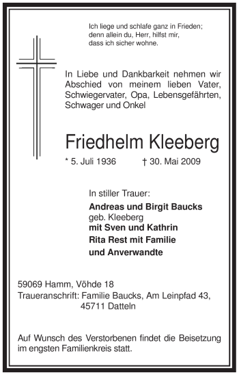 Todesanzeige von Friedhelm Kleeberg von WESTFÄLISCHER ANZEIGER