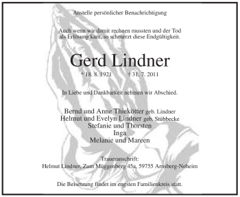 Todesanzeige von Gerd Lindner von WESTFÄLISCHER ANZEIGER