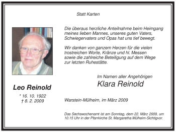 Todesanzeige von Leo Reinold von WESTFÄLISCHER ANZEIGER