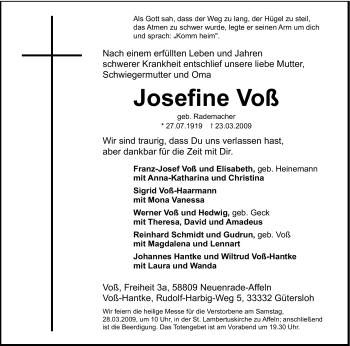 Todesanzeige von Josefine Voß von WESTFÄLISCHER ANZEIGER