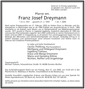 Todesanzeige von Franz Josef Dreymann von WESTFÄLISCHER ANZEIGER