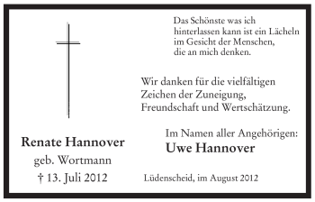 Todesanzeige von Renate Hannover von WESTFÄLISCHER ANZEIGER