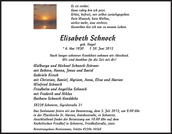 Todesanzeige von Elisabeth Schnock von WESTFÄLISCHER ANZEIGER