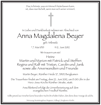 Todesanzeige von Anna Magdalena Beyer von WESTFÄLISCHER ANZEIGER