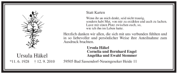 Todesanzeige von Ursula Häkel von WESTFÄLISCHER ANZEIGER