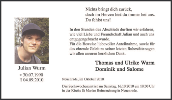 Todesanzeige von Julian Wurm von WESTFÄLISCHER ANZEIGER