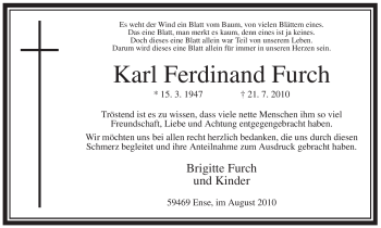 Todesanzeige von Karl Ferdinand Furch von WESTFÄLISCHER ANZEIGER