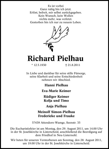 Todesanzeige von Richard Pielhau von WESTFÄLISCHER ANZEIGER