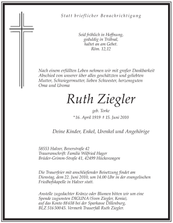 Todesanzeige von Ruth Ziegler von WESTFÄLISCHER ANZEIGER
