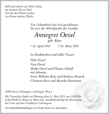 Todesanzeige von Annegret Oevel von MZV