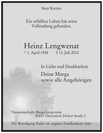Todesanzeige von Heinz Lengwenat von WESTFÄLISCHER ANZEIGER