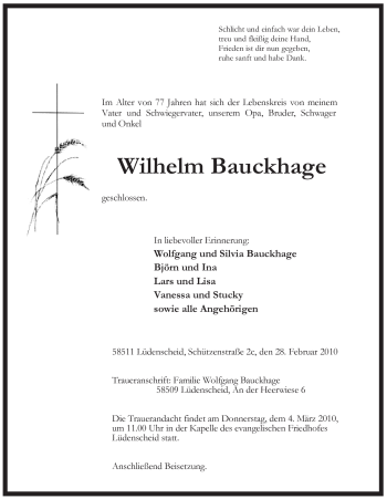 Todesanzeige von Wilhelm Bauckhage von WESTFÄLISCHER ANZEIGER