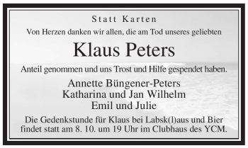 Todesanzeige von Klaus Peters von WESTFÄLISCHER ANZEIGER