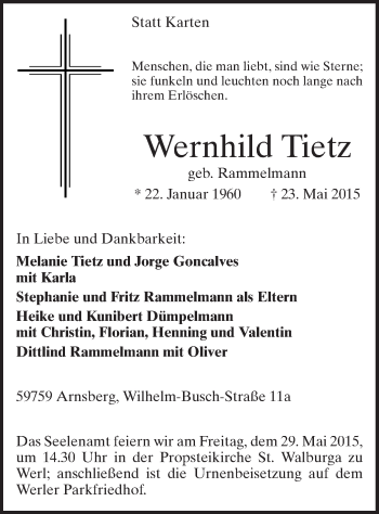 Todesanzeige von Wernhild Tietz von MZV