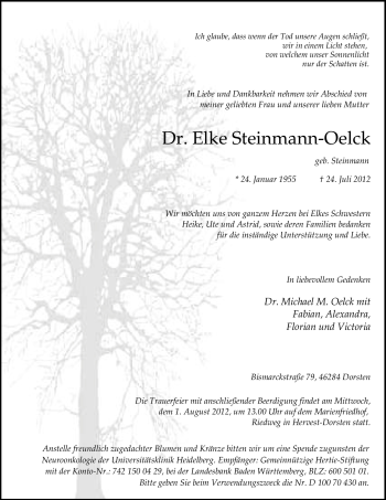 Todesanzeige von Elke Steinmann-Oelck von WESTFÄLISCHER ANZEIGER