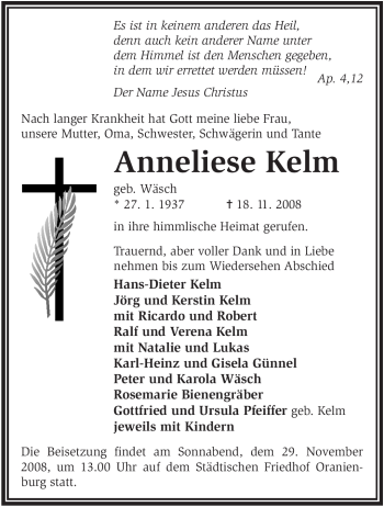 Todesanzeige von Anneliese Kelm von WESTFÄLISCHER ANZEIGER